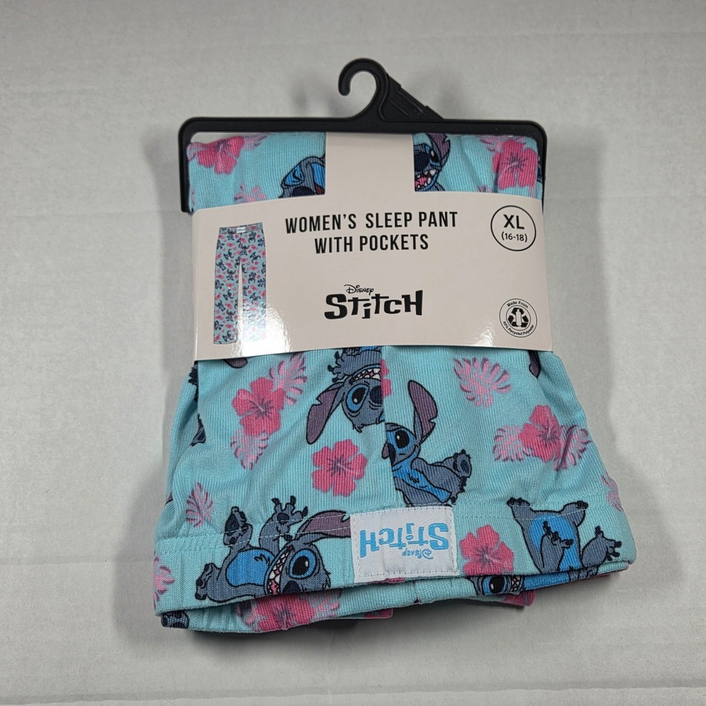 Disney Stitch Womens Sleep Pants Blue Floral Pockets XL 16-18 Pajama Bottoms